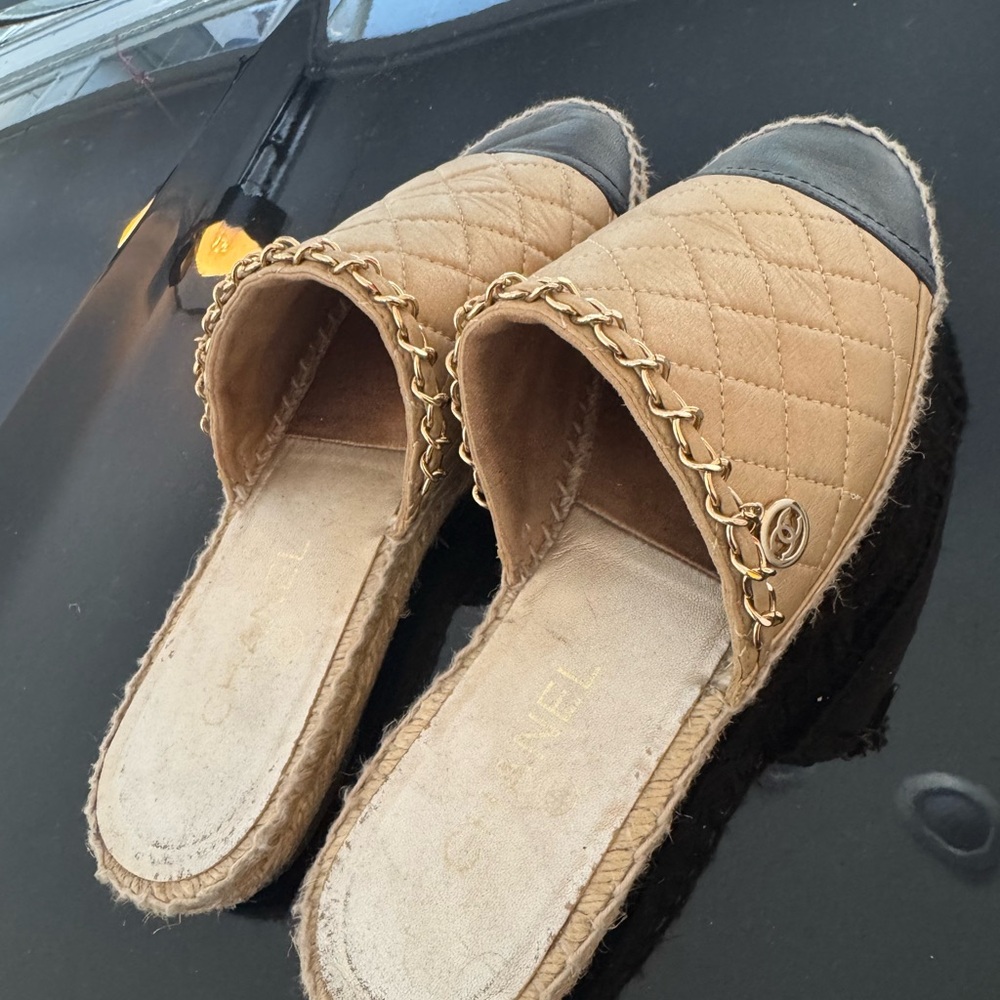 CHANEL Quilted Beige and Black Mules
